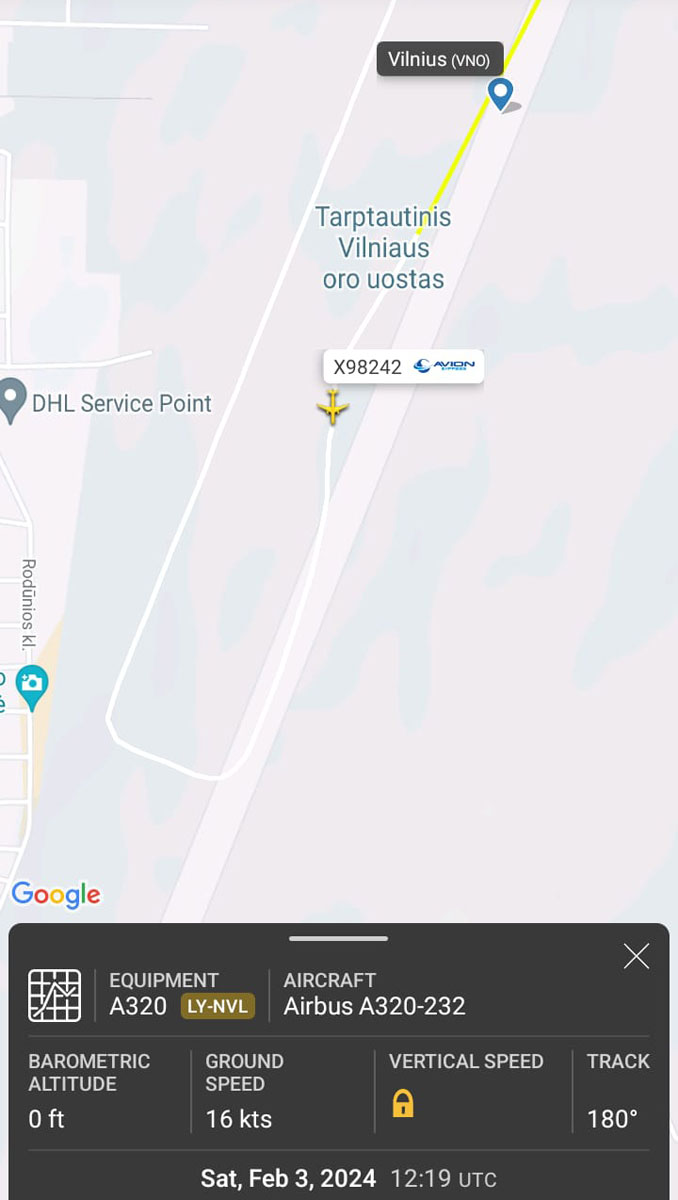 Avion Expressin lennolla X98242 ollut Airbus A320 suistui ulos kiitotieltä Vilnassa 3.2.2024. Kuva: Flightradar24.